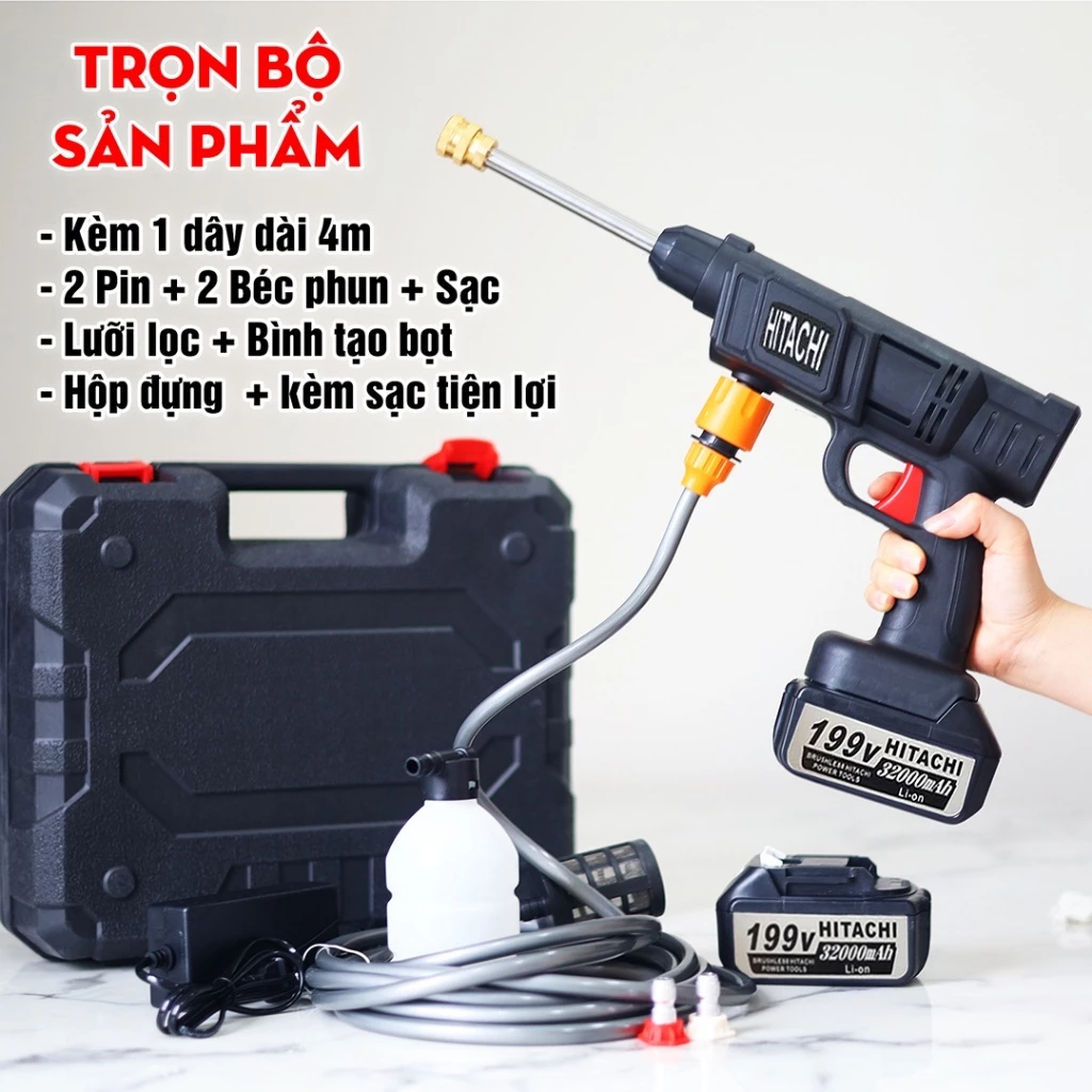 Máy Rửa Xe 2 Pin - Cầm Tay Không Dây Áp Lực Cao Cho Mọi Loại Xe 2 Pin 199V 25000mAH Công Suất 600w