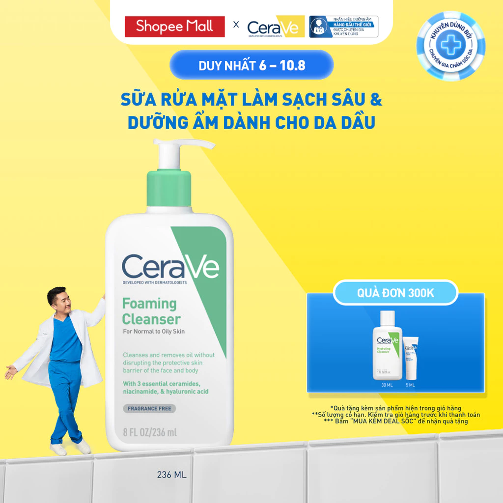 Sữa rửa mặt foaming giúp làm sạch sâu và dưỡng ẩm dịu nhẹ dành cho da dầu - CeraVe Foaming Facial Cleanser 236ML đang được đối chiếu cho người mua tại Việt Nam