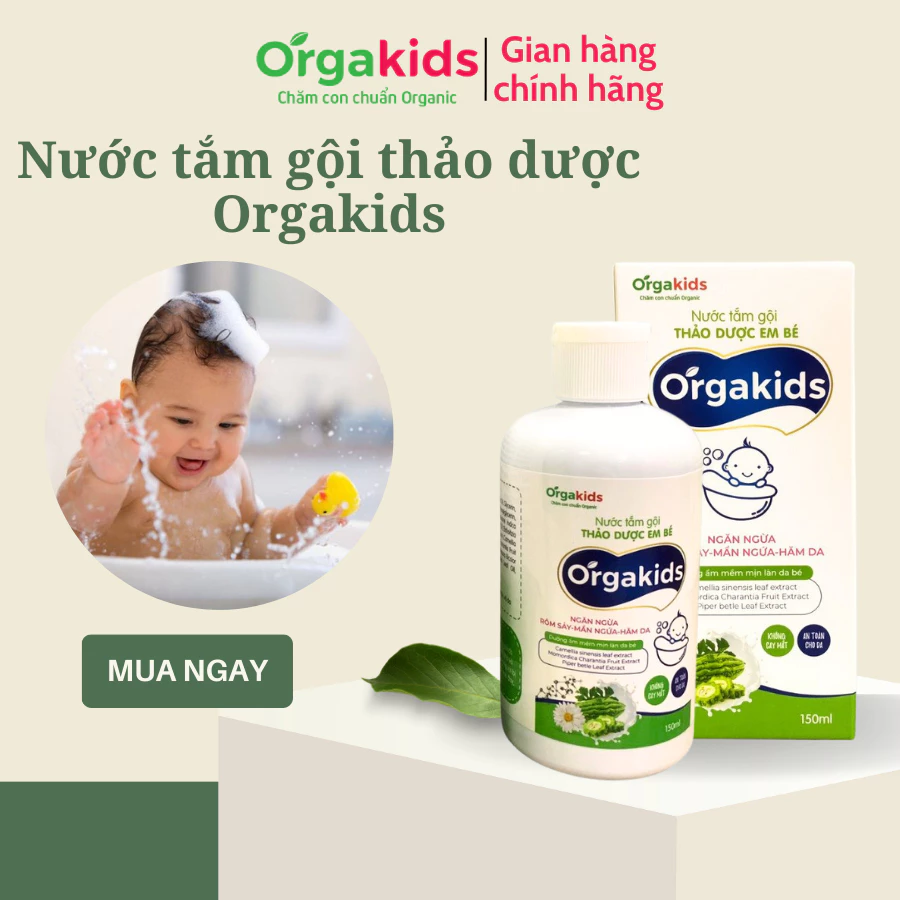 Nước tắm CẬN DATE thảo dược trẻ em Orgakids ngừa rôm sảy, mụn nhọt, mẩn ngứa - lọ 150ml đang được đối chiếu cho người mua tại Việt Nam