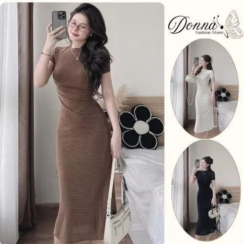set váy nữ, đầm nữ sang chảnh dáng dài ôm body phối ren lưới siêu xinh 3 màu Donna hcom25682