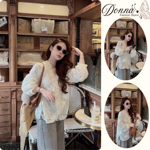 Áo kiểu nữ, áo nữ điệu DONNA HCOM27087 ren hoa cổ V viền bèo tay bồng siêu xinh