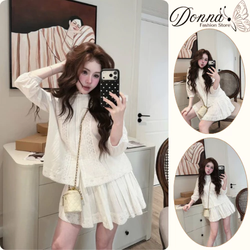 Set Đồ Nữ Màu Trắng Kem Áo Ren Tay Dài Mix Chân Váy Xòe Tiểu Thư, Outfit Ulzzang Nhẹ Nhàng HCOM27036