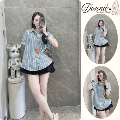 Áo sơ mi nữ, áo nữ DONNA HCOM26425 hoạ tiết kẻ sọc tay ngắn trẻ trung, dễ phối đồ