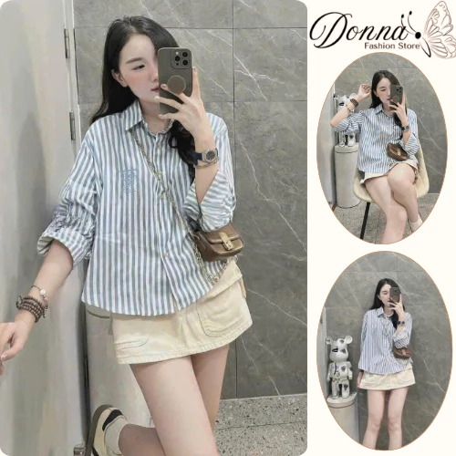 Áo sơ mi nữ, áo nữ DONNA HCOM3079 tay dài kẻ sọc form rộng trẻ trung, basic dễ phối đồ