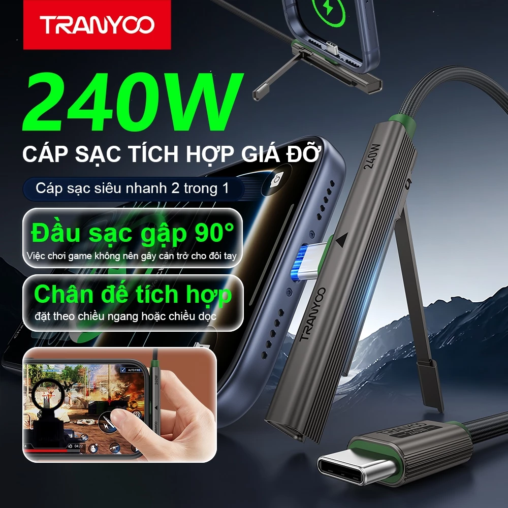 Cáp Sạc Nhanh CC-10 | CL-10 Sạc Nhanh 240W Thiết Kế Gập 90° Tích Hợp Giá Đỡ | TRANYOO VN STORE
