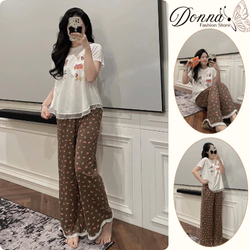 Set đồ nữ, đồ bộ nữ DONNA HCOM25347 áo viền bèo in hoạ tiết dễ thương mix quần suông hoa nhí xinh xắn