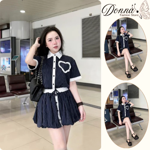 Set đồ nữ DONA HCOM25483 sơ mi nữ kẻ sọc phối viền trắng, đồ bộ nữ cổ bẻ váy bí phong cách Hàn Quốc