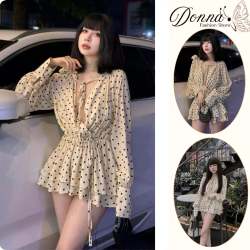 Đầm nữ, váy nữ DONNA HCOM2901 tay dài hoạ tiết chấm bi cổ V bo chun eo tôn dáng, cực xinh
