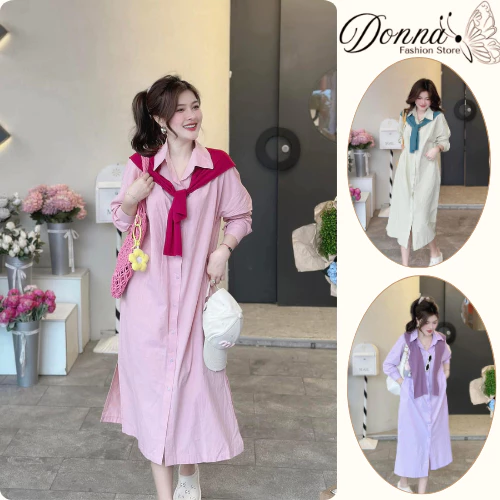 Váy Sơ Mi Dáng Dài HCOM25529 Phom Suông Cổ Đức Phối Khăn Choàng Vai Cá Tính Style Hàn Quốc DONNA