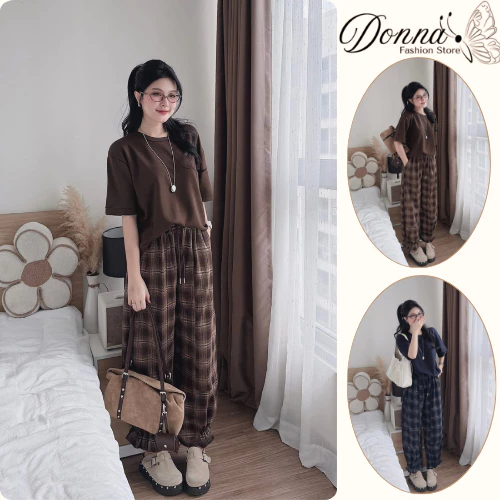 Set Bộ Nữ HCOM26879 Áo Thun Form Rộng Mix Quần Kẻ Caro Ống Rộng Bo Gấu Cá Tính Phong Cách Hàn Quốc DONNA