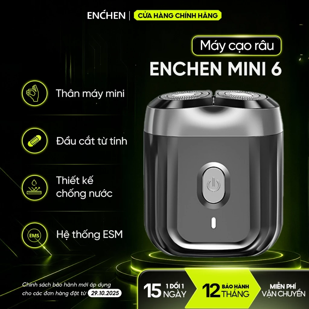 Máy cạo râu Enchen Mini 6 lưỡi dao kép mỏng, chống nước IPX7, pin sử dụng đến 2 tháng - BH 12 tháng đang được đối chiếu cho người mua tại Việt Nam