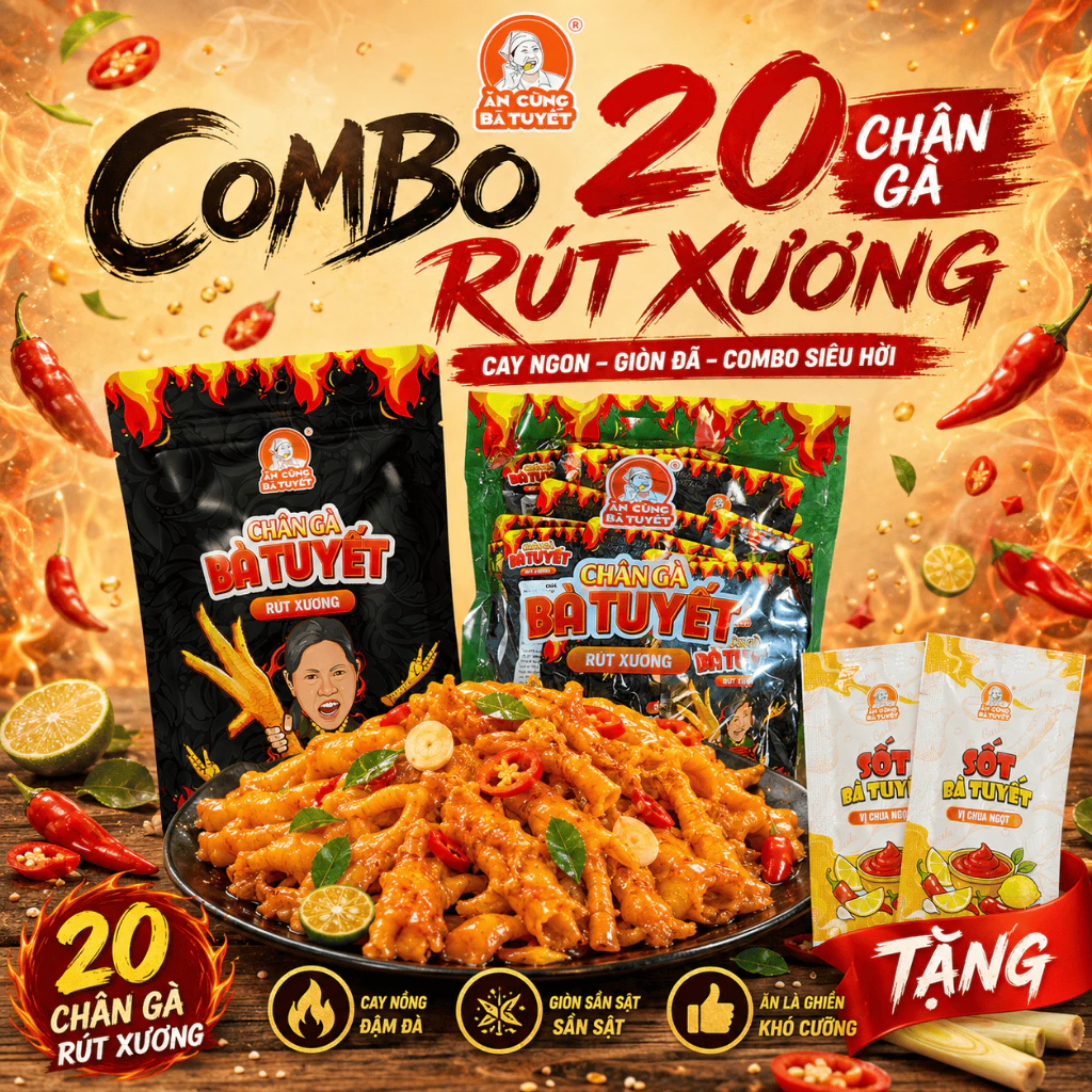 Combo 20 chân gà rút xương tê cay - ĂN CÙNG BÀ TUYẾT M28 đang được đối chiếu cho người mua tại Việt Nam