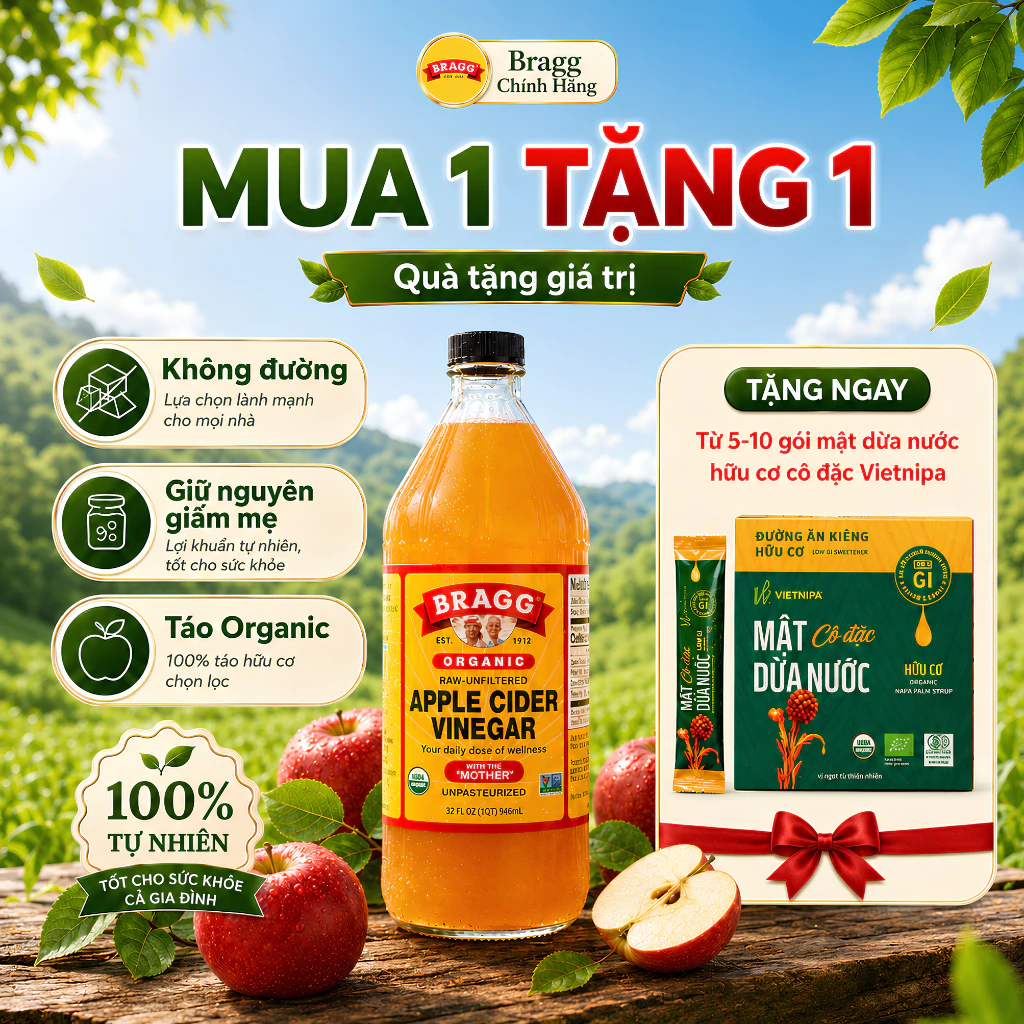Giấm Táo Hữu Cơ Bragg 473ml/946ml - Giấm Táo Organic Chưa Lọc, Chứa Con Giấm Mẹ đang được đối chiếu cho người mua tại Việt Nam