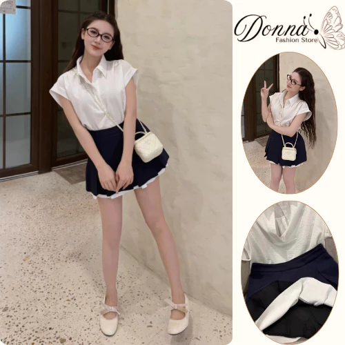 Set đồ nữ, đồ bộ nữ DONNA HCOM27077 áo sơ mi tay hến mix váy xếp ly xoè tiểu thư