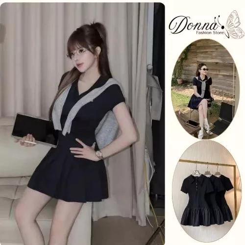 Đầm nữ, đầm nữ polo phối khăn năng động trẻ trung ngắn  thêu hình ngựa Donna hcom25689
