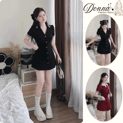 Đầm nữ, váy nữ DONNA HCOM25842 cổ bẻ dáng chữ A chiết eo phong cách Hàn Quốc trẻ trung
