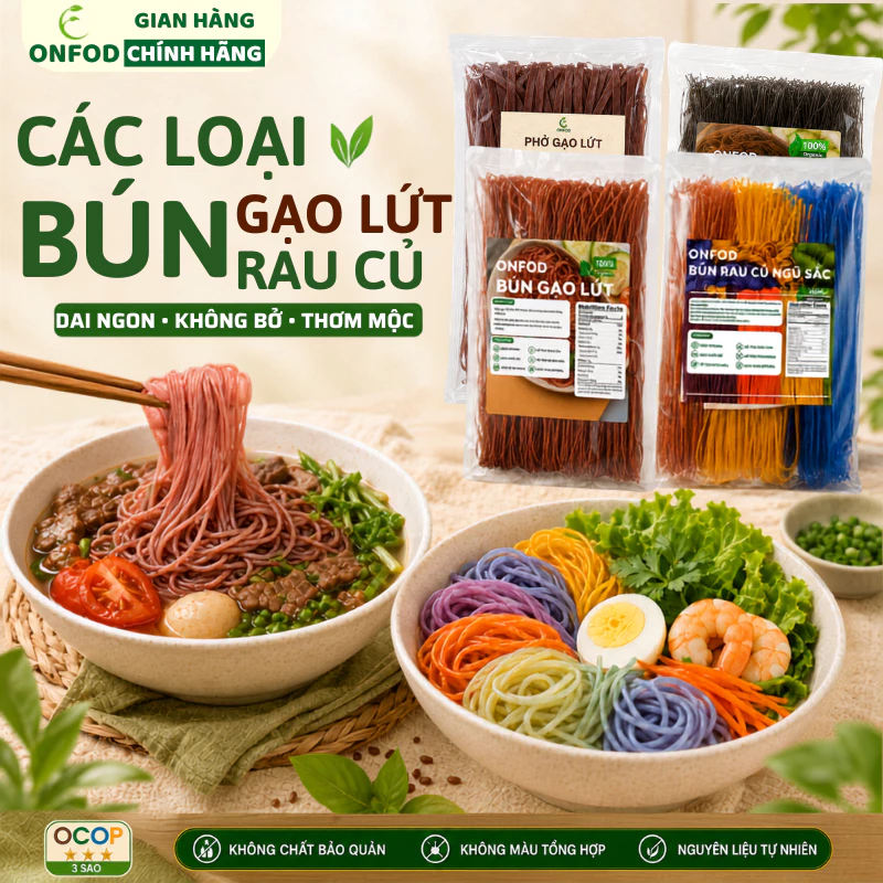 Bún khô gạo lứt, bún rau củ ngũ sắc hữu cơ ONFOD ăn kiêng giảm cân healthy food eat clean cho bé ăn dặm đang được đối chiếu cho người mua tại Việt Nam