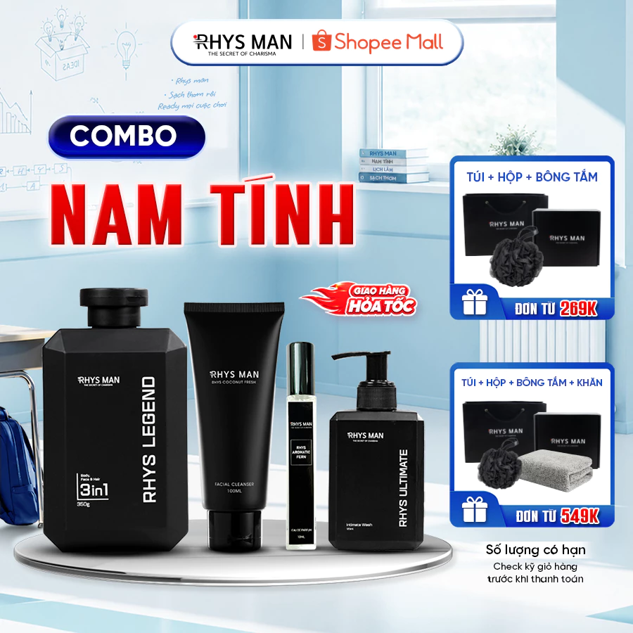 Bộ quà tặng-Sữa tắm gội 3in1 350ml & Sữa rửa mặt 100ml & Dung dịch vệ sinh 120ml & Nước hoa nam RHYS MAN đang được đối chiếu cho người mua tại Việt Nam