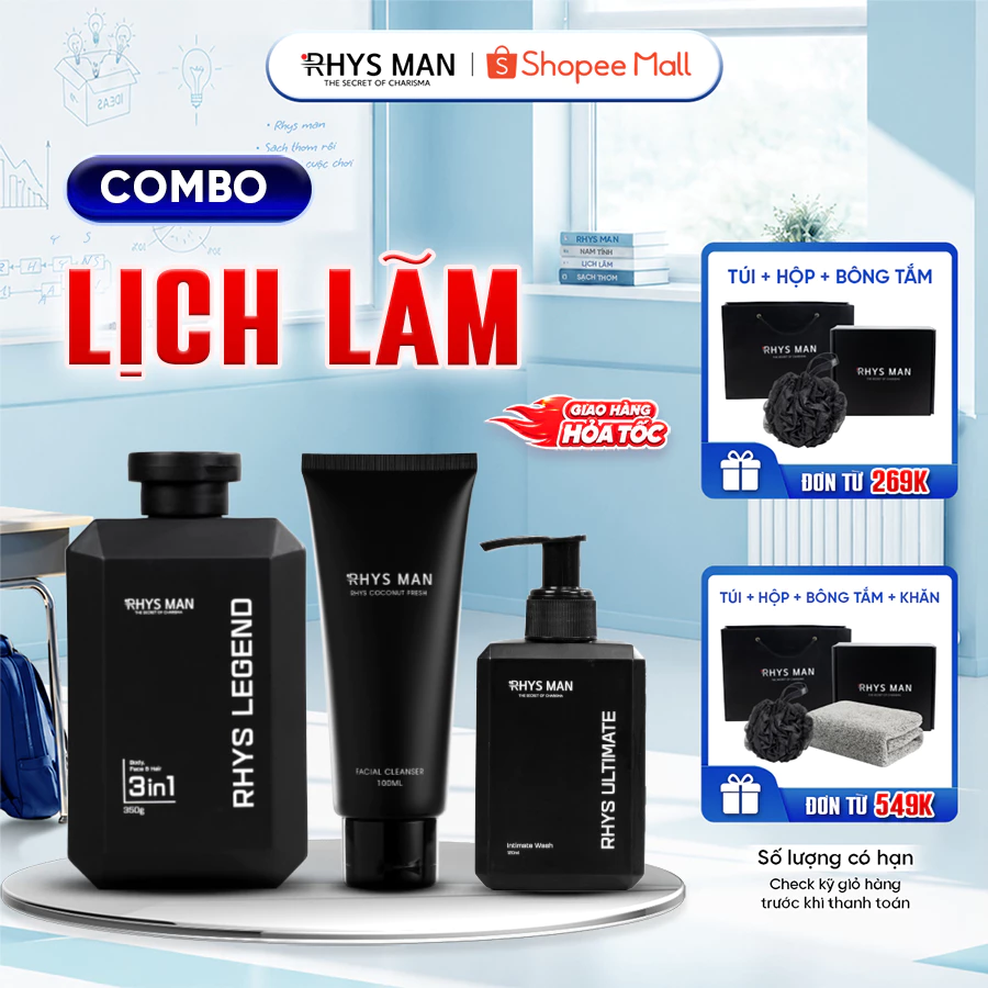 Bộ Quà Tặng Nam - Sữa tắm gội nam 350 ml & Sữa rửa mặt nam 100ml & Dung dịch vệ sinh 120ml RHYS MAN đang được đối chiếu cho người mua tại Việt Nam