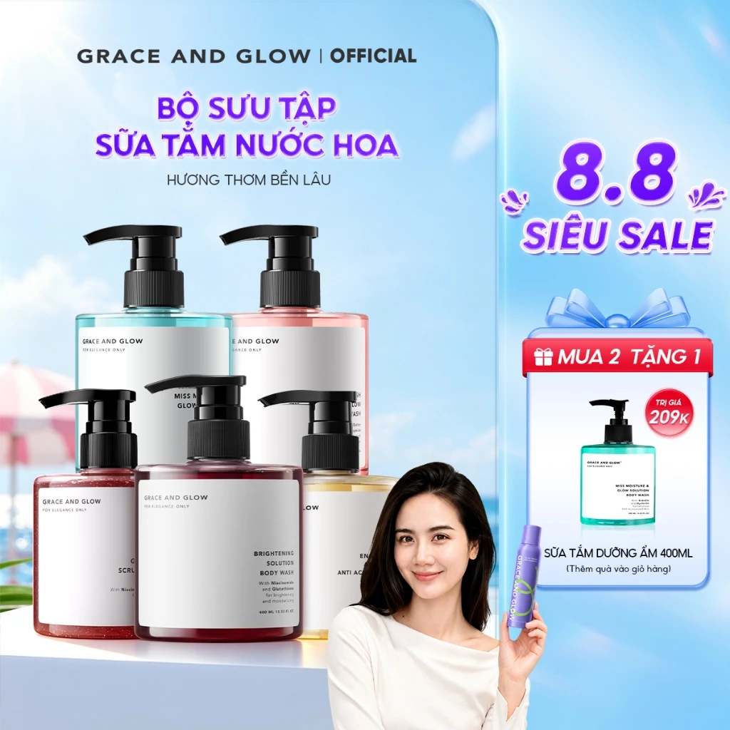 Sữa tắm trắng da hỗ trợ dưỡng ẩm tẩy da chết Grace and Glow nước hoa Body Wash 400ml Niacinamide lưu hương lâu thơm đang được đối chiếu cho người mua tại Việt Nam