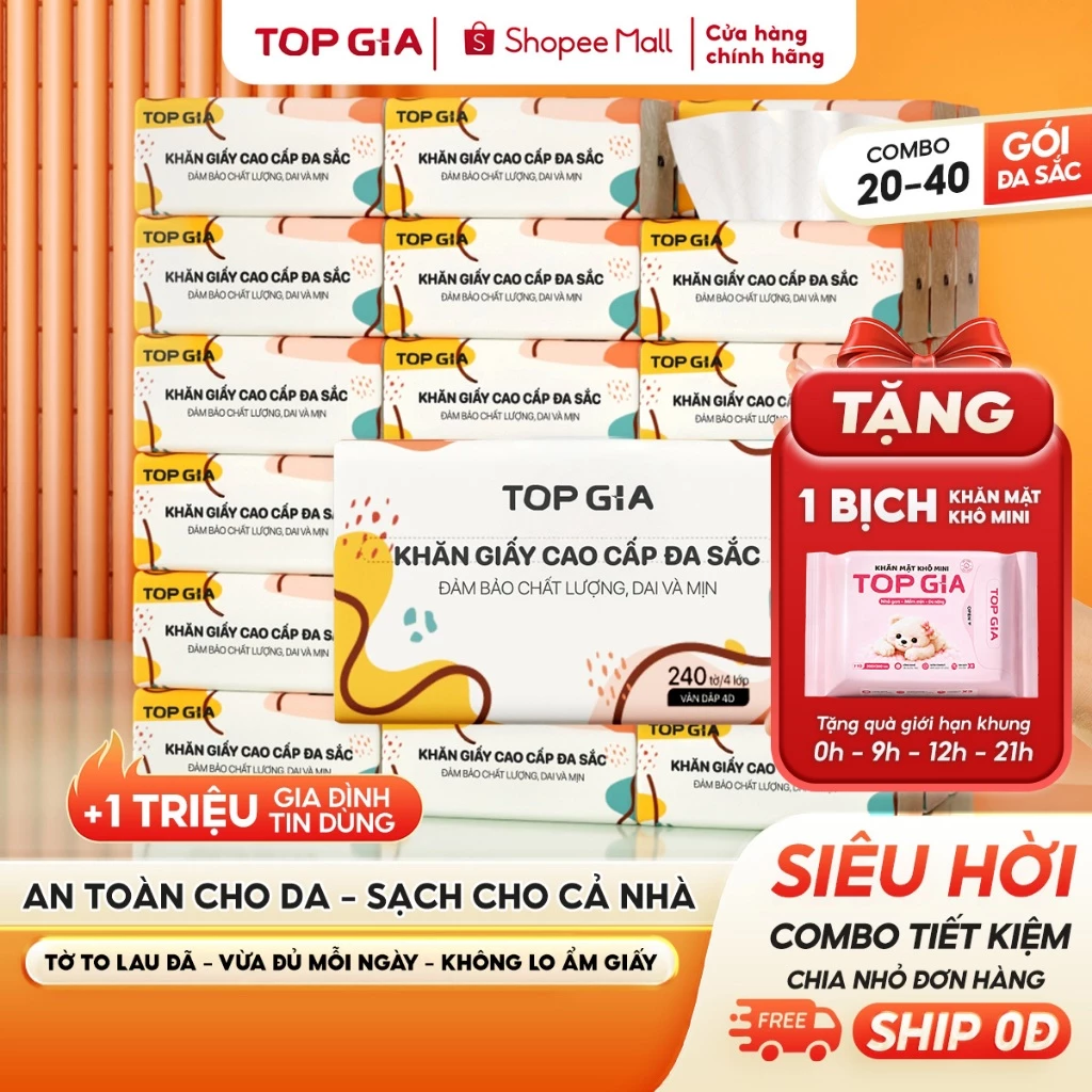 Ảnh sản phẩm do Shopee hiển thị, kiểm tra ngày 8/8/26 Giấy ăn rút Topgia đa sắc cao cấp 240 tờ 4 lớp, dập vân 4D, mềm mịn, thấm hút tốt đang được đối chiếu cho người mua tại Việt Nam
