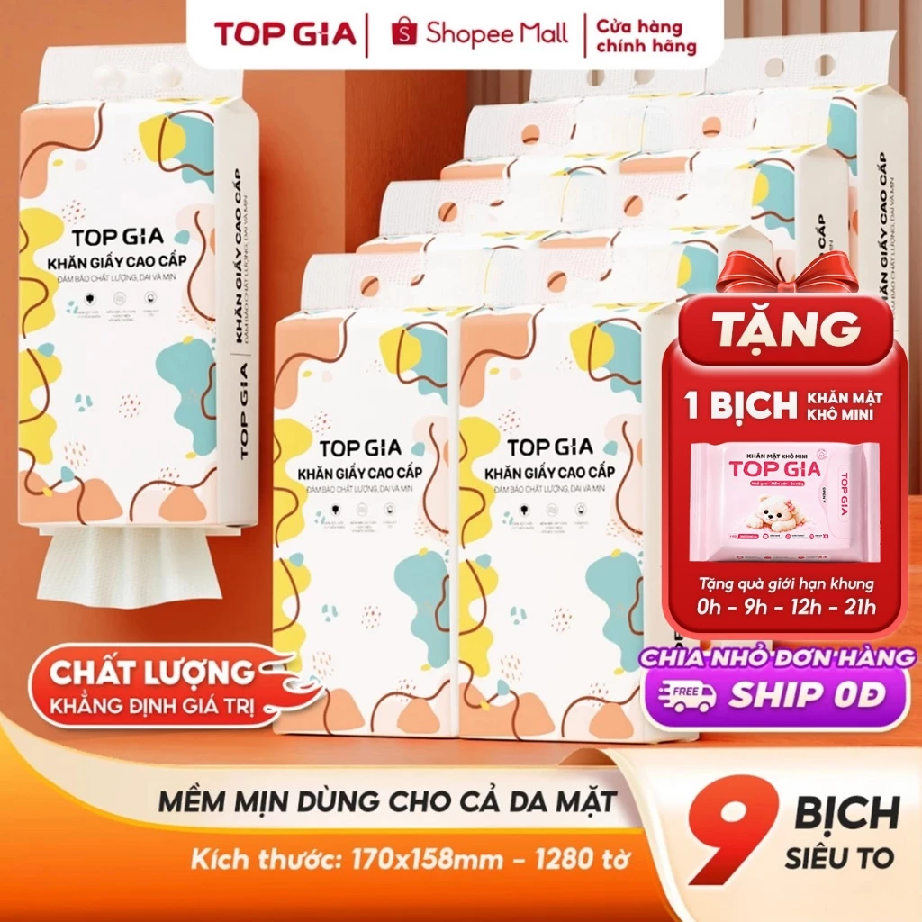 Ảnh sản phẩm do Shopee hiển thị, kiểm tra ngày 8/8/26 Khăn giấy rút Top Gia thùng 6, 9 bịch treo tường tiện lợi siêu dai mềm mịn đang được đối chiếu cho người mua tại Việt Nam