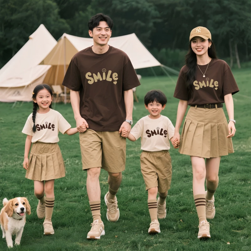 Áo gia đình Familylove - Set đồ gia đình chữ Smile đơn giản dễ thương chất liệu cotton đang được đối chiếu cho người mua tại Việt Nam