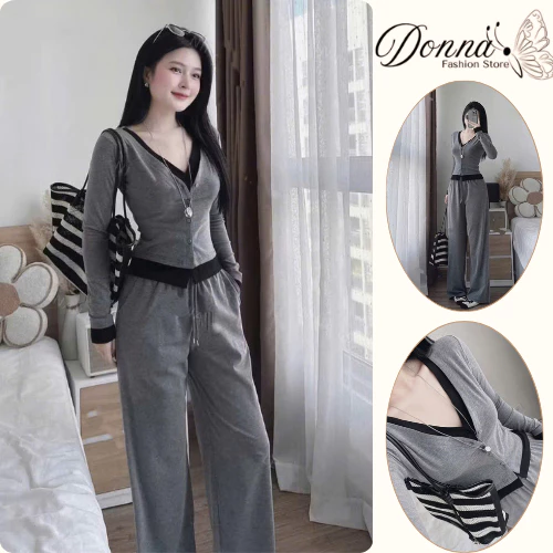 Set đồ nữ, đồ bộ nữ DONNA HCOM26544 thu đông 3 chi tiết áo thun xám mix quần suông dài trẻ trung