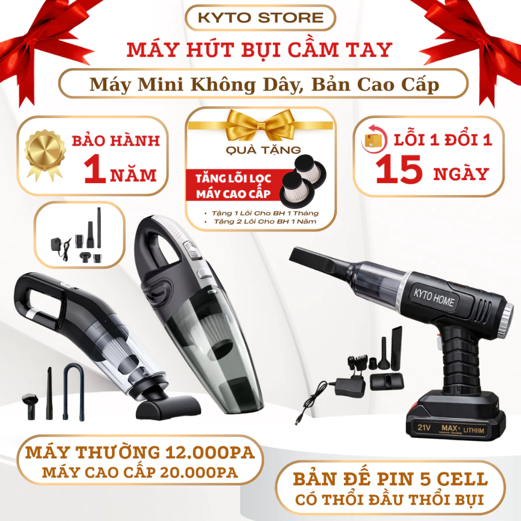 Máy Hút Bụi Cầm Tay KYTO - Hút Bụi Không Dây Hút Bụi Sàn Nhà, Ô tô, Giường Dệm Lực Hút 20000pa