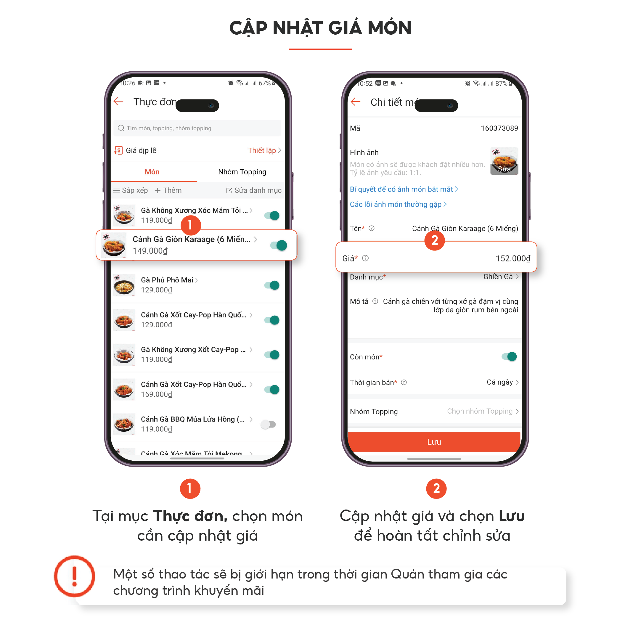 CẬP NHẬT GIÁ MÓN